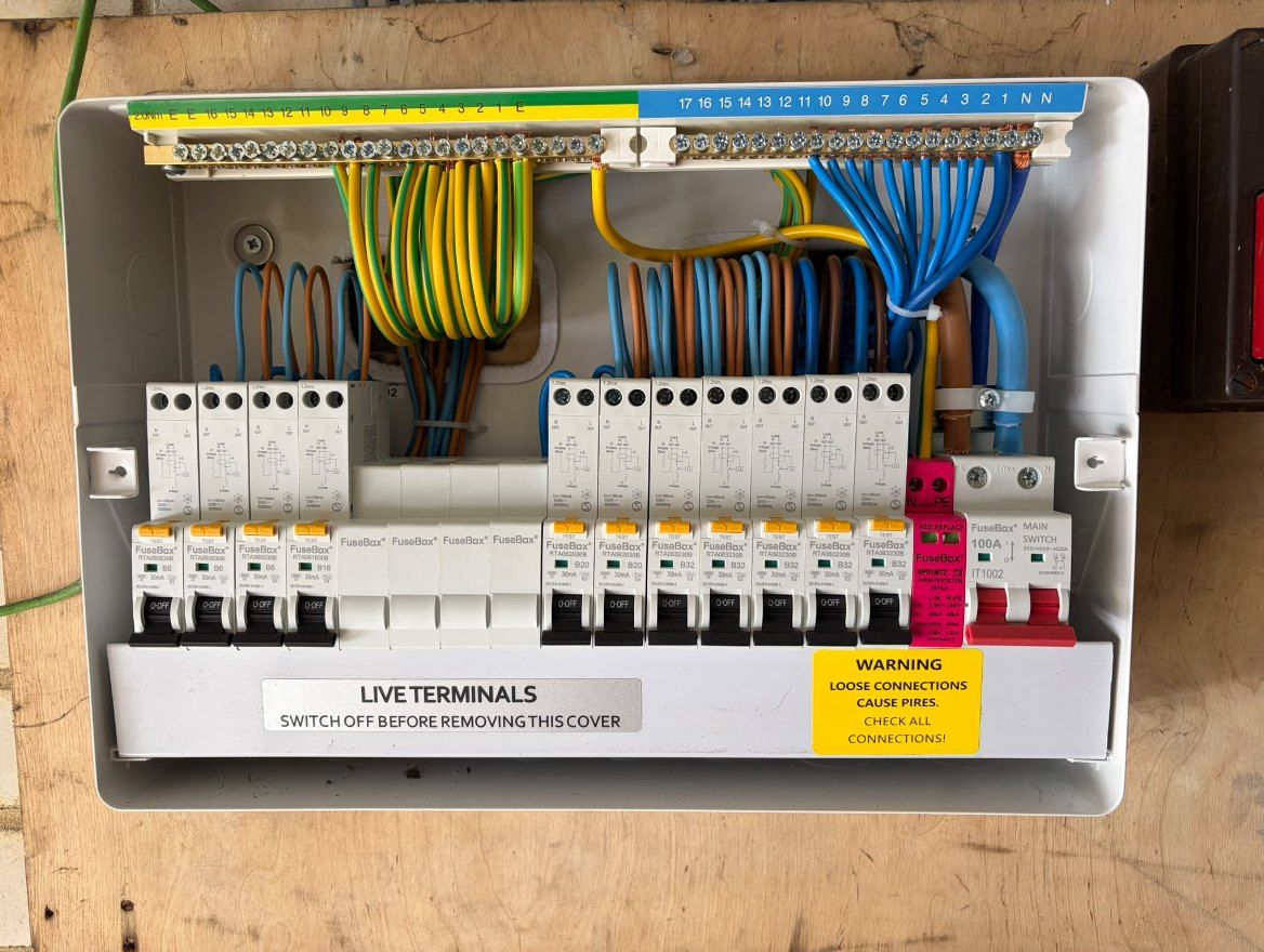 New consumer unit with RCBOs and surge protection, cover off