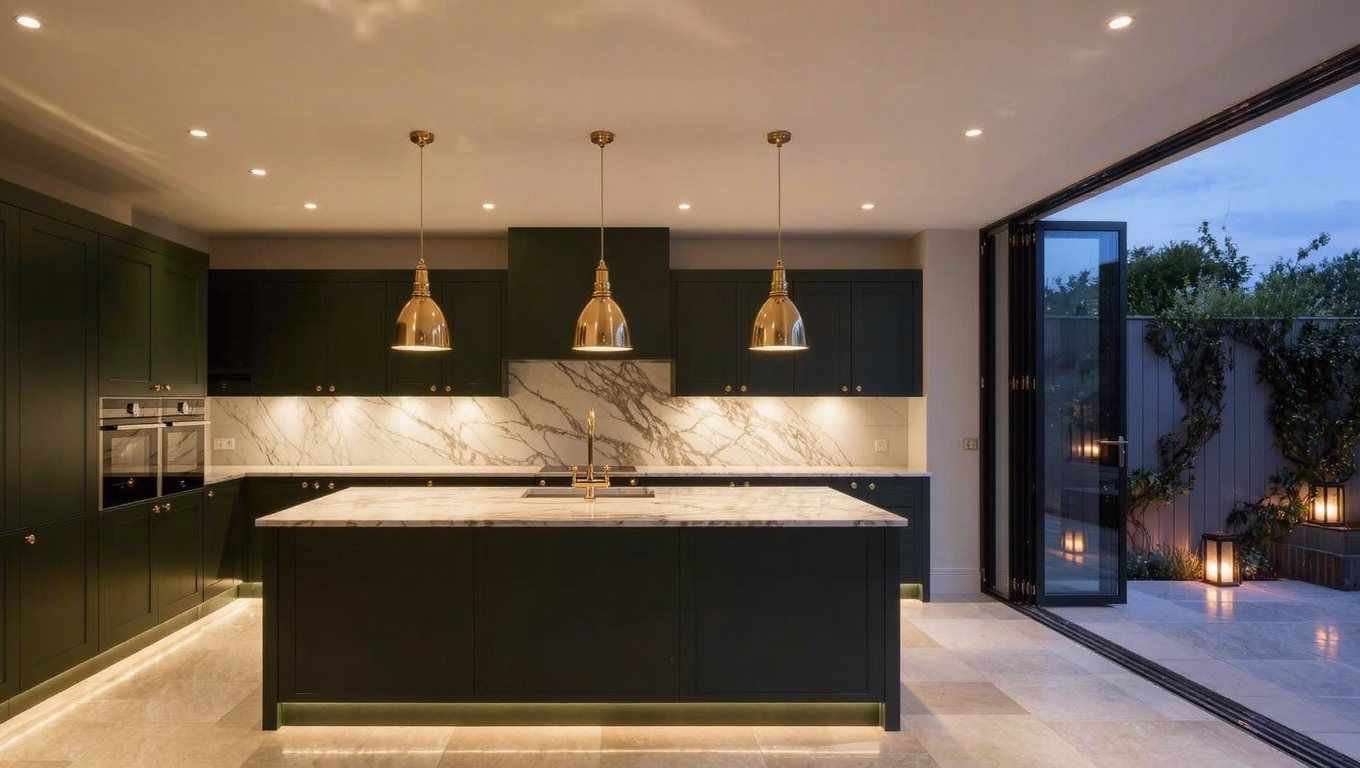 Kitchen extension with three brass pendants lit at dusk