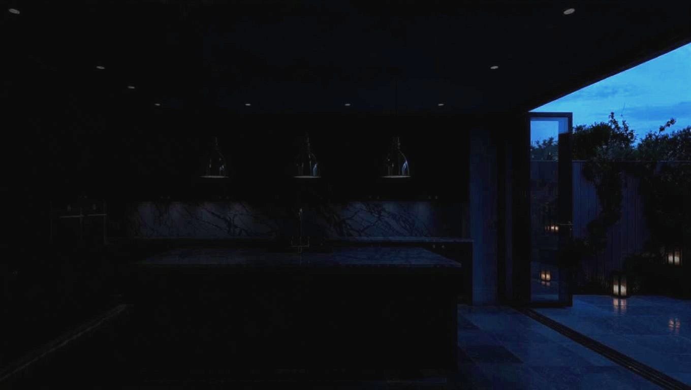 Kitchen extension at dusk with every light off