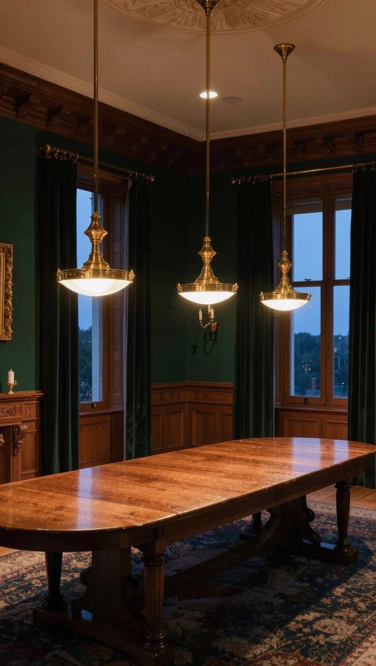 Three brass pendants lit over a dining table