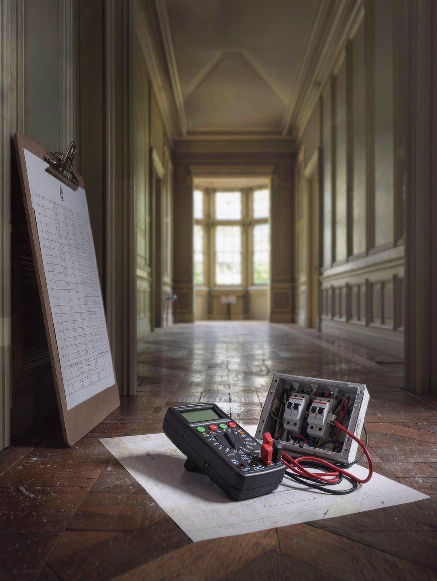 Multifunction tester and test schedule beside an open consumer unit